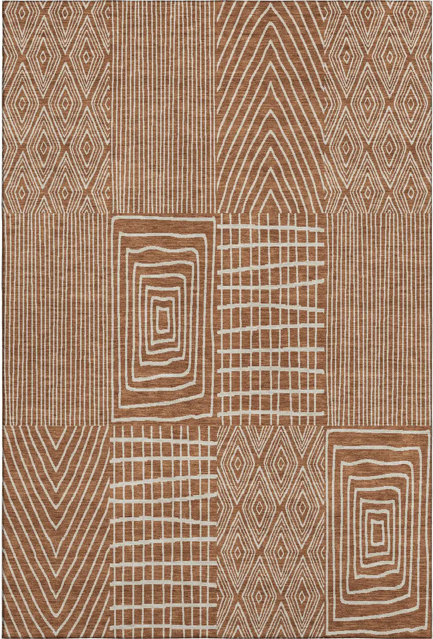 Rust And Ivory Geometric Washable Area Rug With UV Protection Photo 1