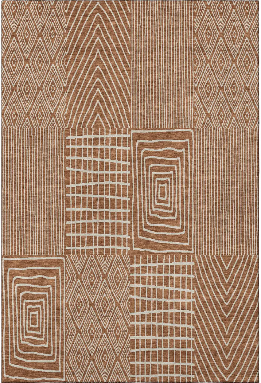 Rust And Ivory Geometric Washable Area Rug With UV Protection Photo 3