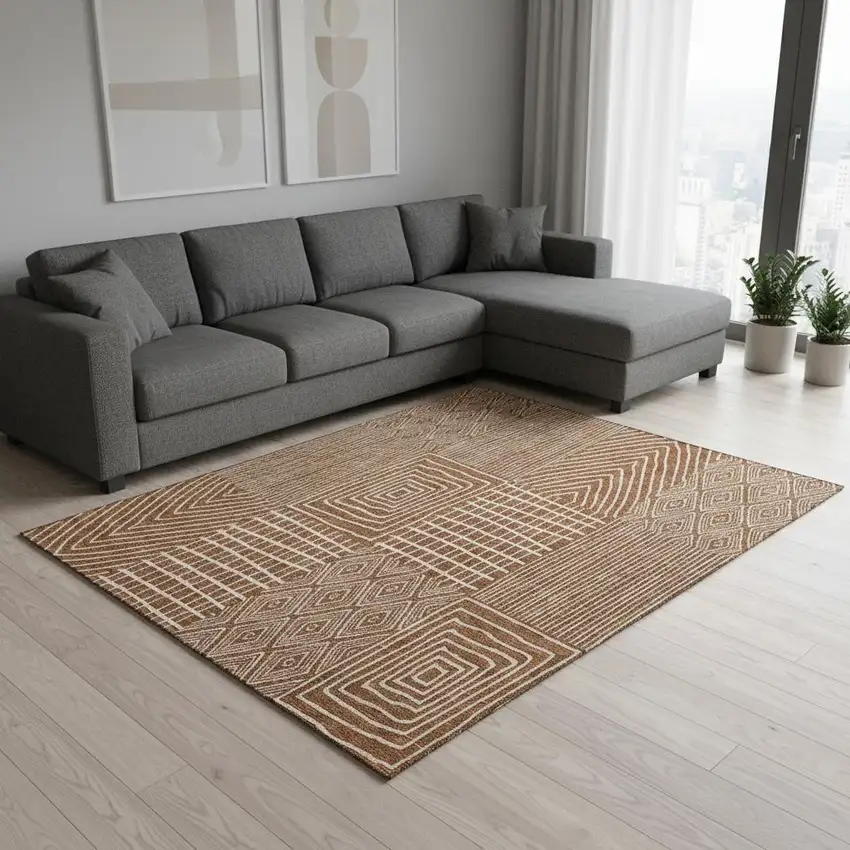 Rust And Ivory Geometric Washable Area Rug With UV Protection Photo 2