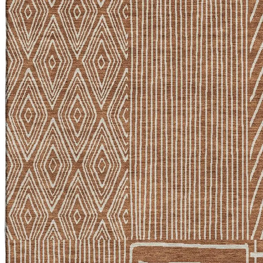 Rust And Ivory Geometric Washable Area Rug With UV Protection Photo 3