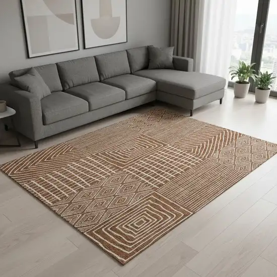Rust And Ivory Geometric Washable Area Rug With UV Protection Photo 2