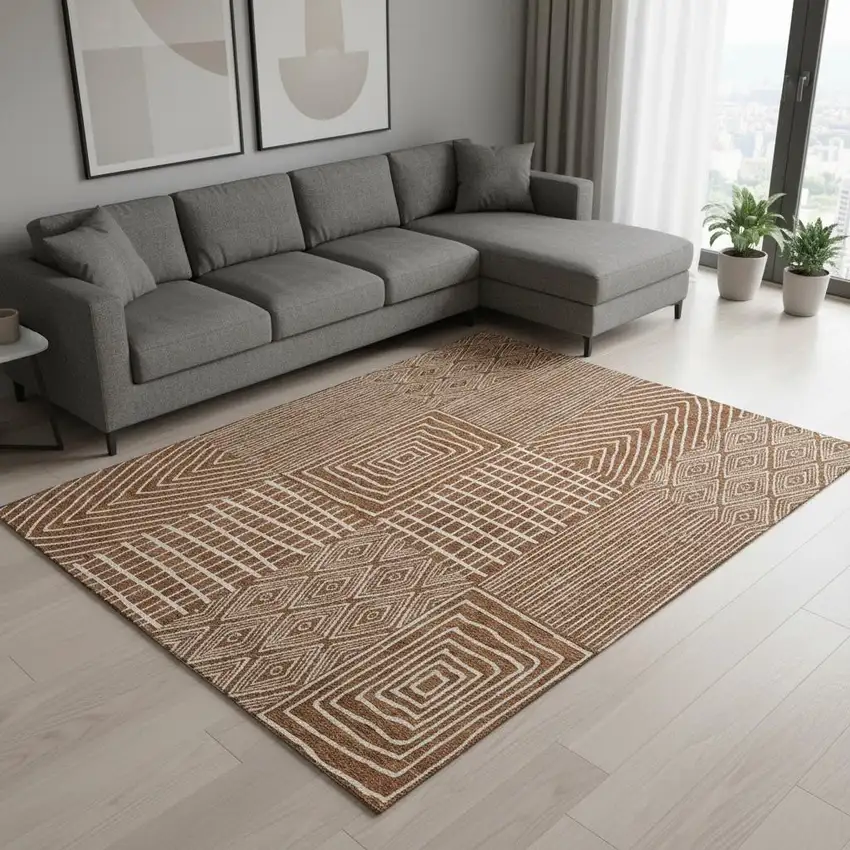 Rust And Ivory Geometric Washable Area Rug With UV Protection Photo 2