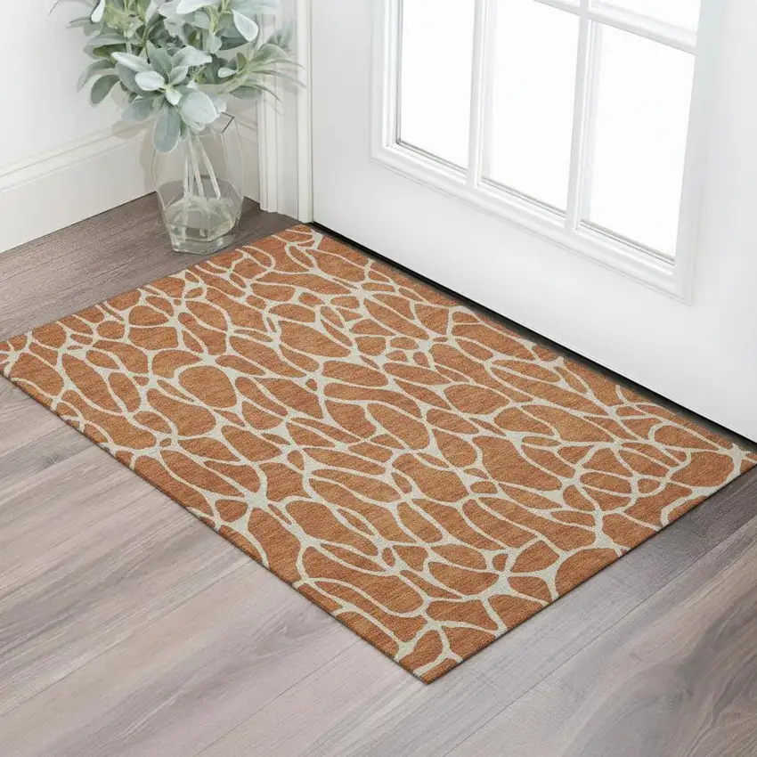 Rust And Ivory Geometric Washable Area Rug With UV Protection Photo 2