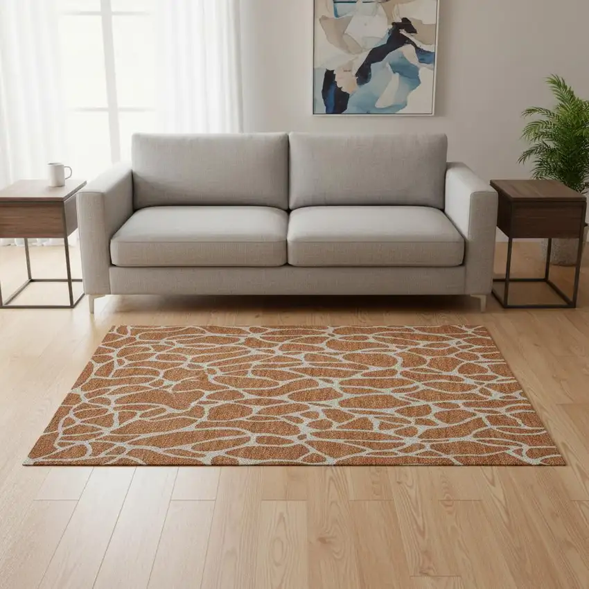 Rust And Ivory Geometric Washable Area Rug With UV Protection Photo 2