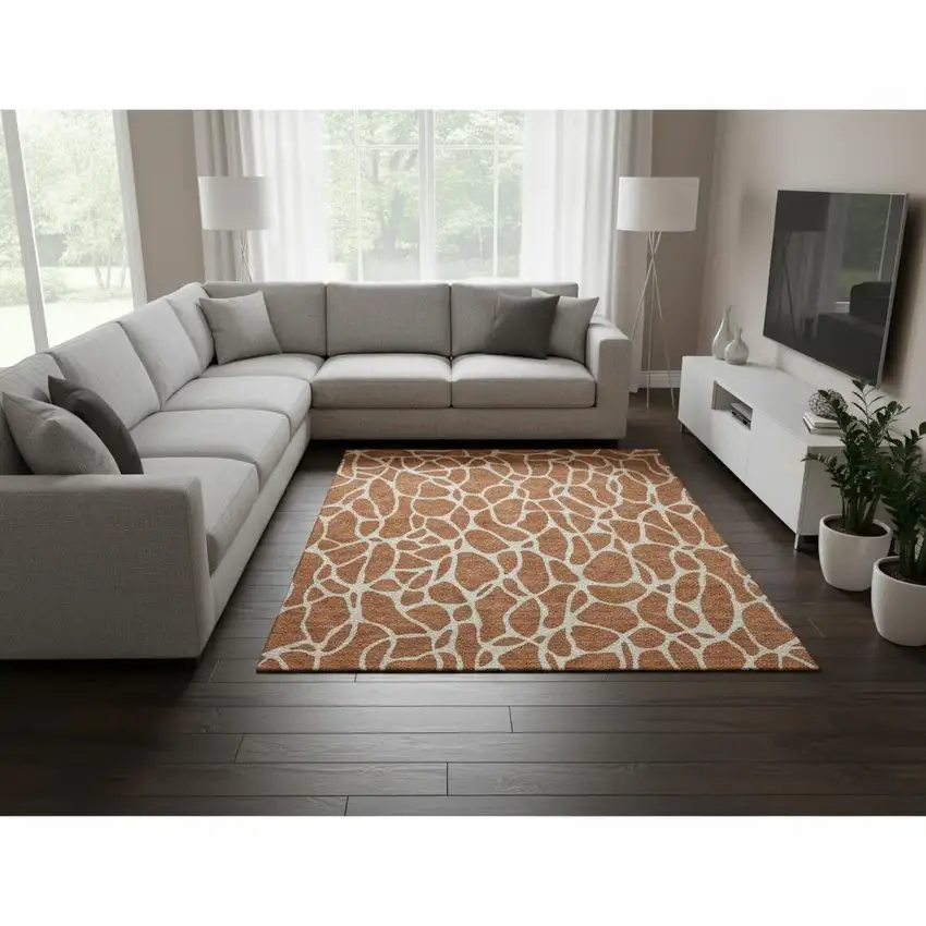 Rust And Ivory Geometric Washable Area Rug With UV Protection Photo 2