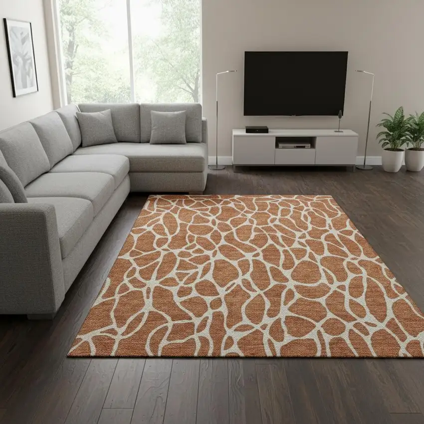 Rust And Ivory Geometric Washable Area Rug With UV Protection Photo 2