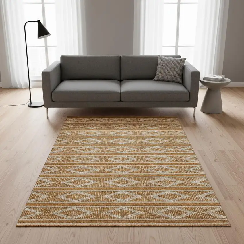 Rust And Ivory Geometric Washable Area Rug With UV Protection Photo 2