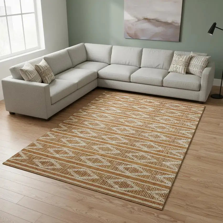 Rust And Ivory Geometric Washable Area Rug With UV Protection Photo 2