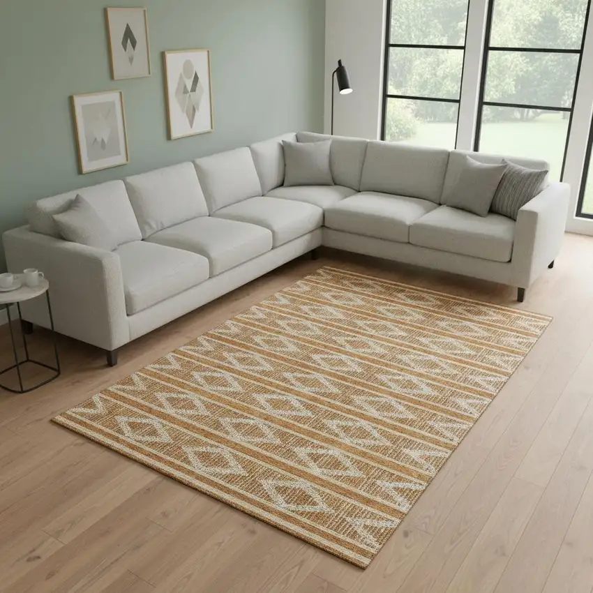 Rust And Ivory Geometric Washable Area Rug With UV Protection Photo 2