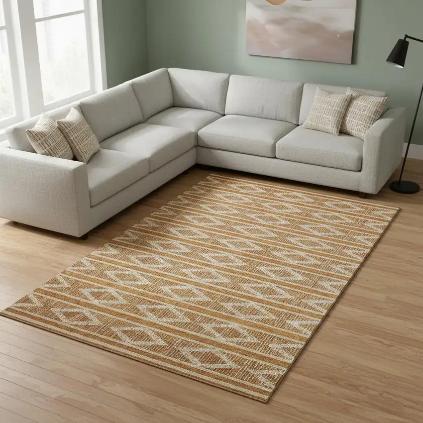 Rust And Ivory Geometric Washable Area Rug With UV Protection Photo 2