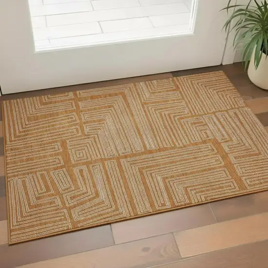 Rust And Ivory Geometric Washable Area Rug With UV Protection Photo 2