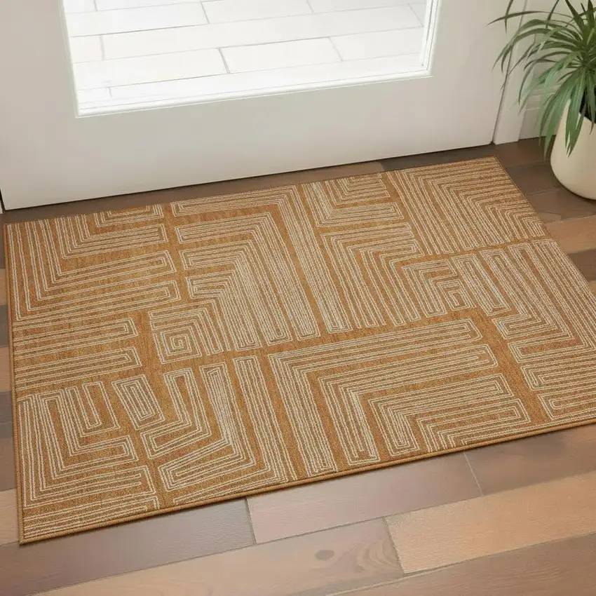 Rust And Ivory Geometric Washable Area Rug With UV Protection Photo 2