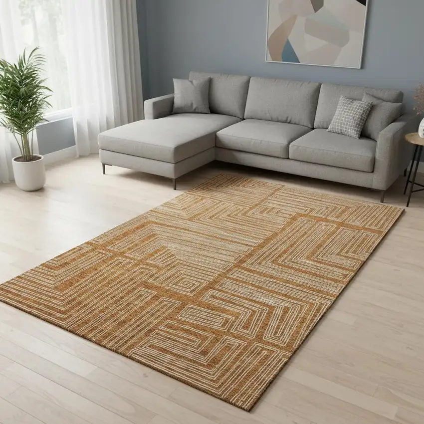 Rust And Ivory Geometric Washable Area Rug With UV Protection Photo 2