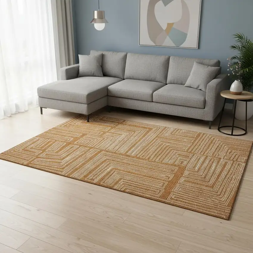 Rust And Ivory Geometric Washable Area Rug With UV Protection Photo 2