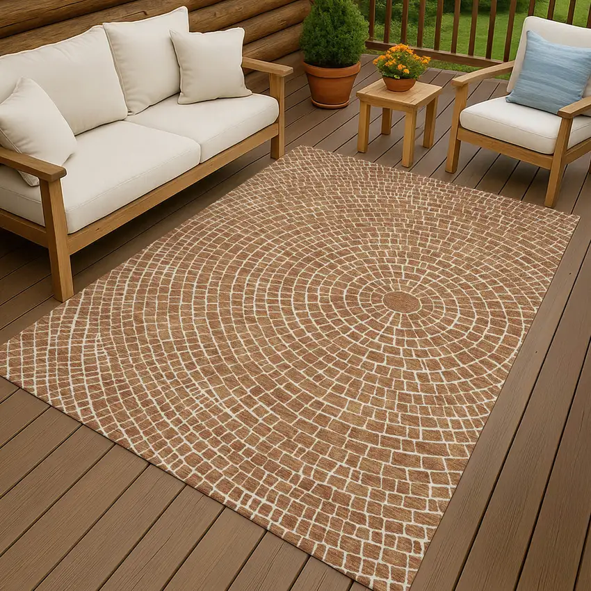 Rust And Ivory Geometric Washable Indoor Outdoor Area Rug Photo 4