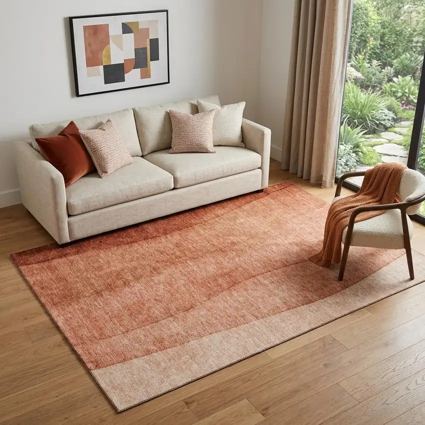 Rust And Ivory Ombre Washable Area Rug With UV Protection Photo 1
