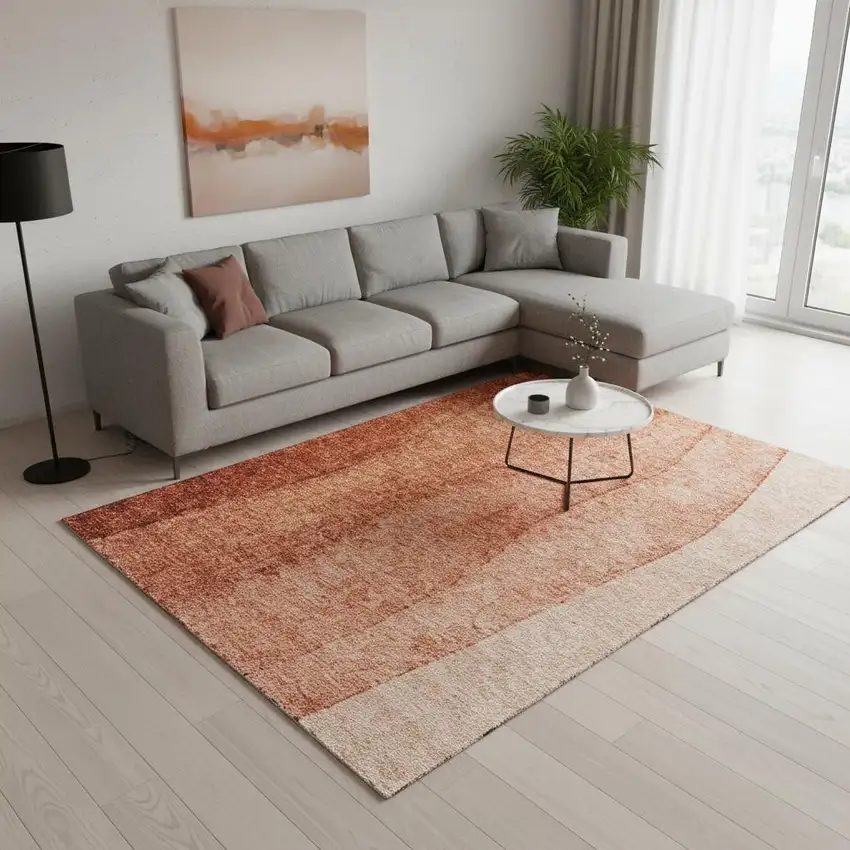 Rust And Ivory Ombre Washable Area Rug With UV Protection Photo 1