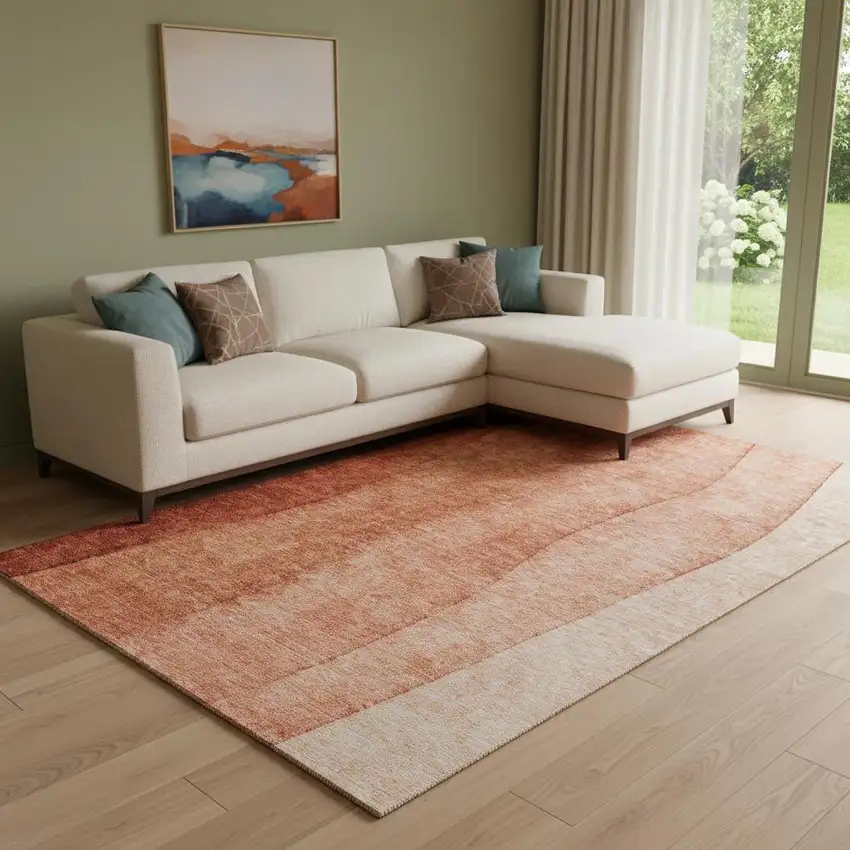 Rust And Ivory Ombre Washable Area Rug With UV Protection Photo 1