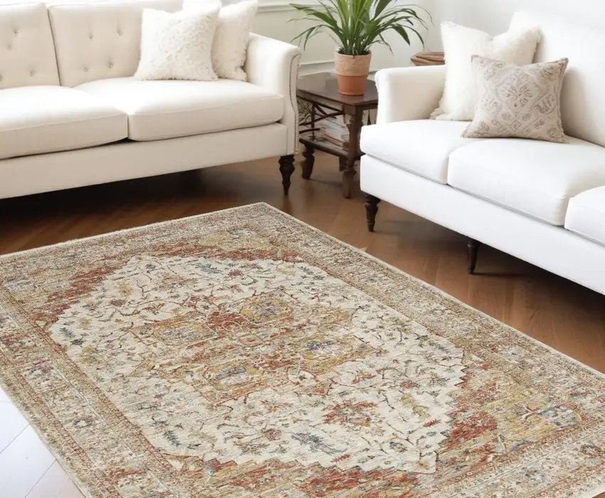Rust And Ivory Oriental Distressed Area Rug Photo 1