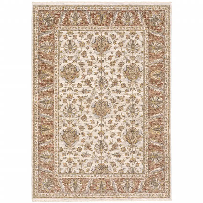 Rust And Ivory Oriental Power Loom Stain Resistant Area Rug With Fringe Photo 2