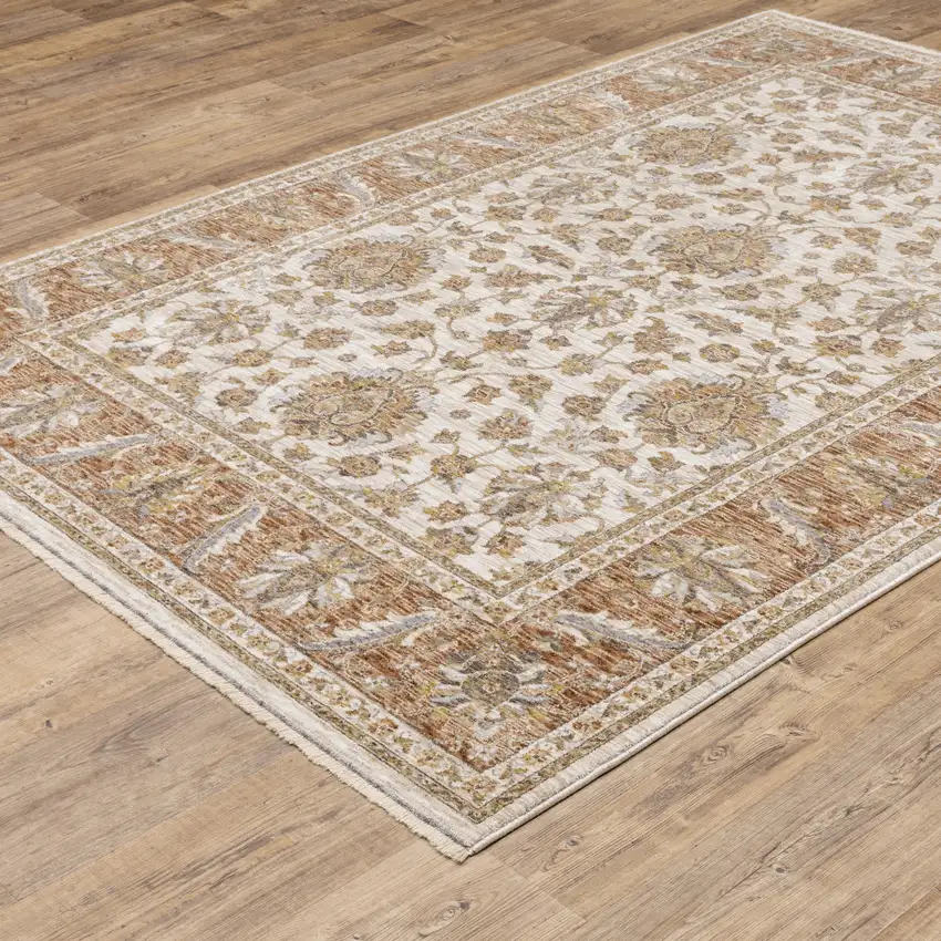 Rust And Ivory Oriental Power Loom Stain Resistant Area Rug With Fringe Photo 9