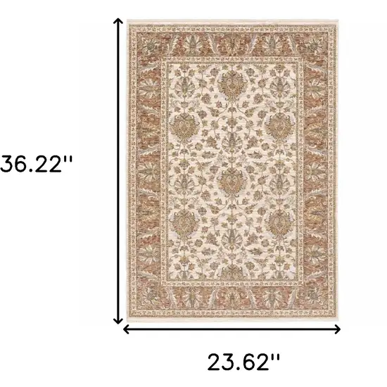 Rust And Ivory Oriental Power Loom Stain Resistant Area Rug With Fringe Photo 3