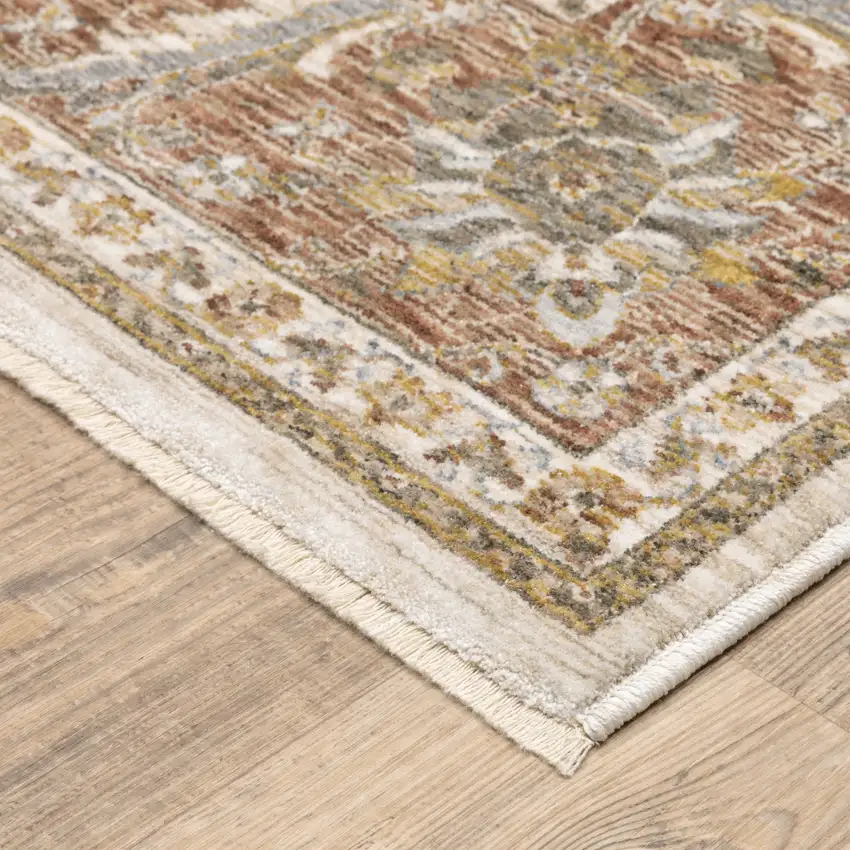 Rust And Ivory Oriental Power Loom Stain Resistant Area Rug With Fringe Photo 5