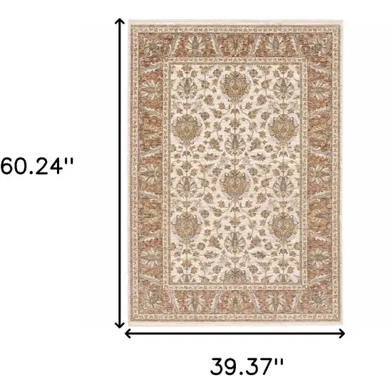 Rust And Ivory Oriental Power Loom Stain Resistant Area Rug With Fringe Photo 2