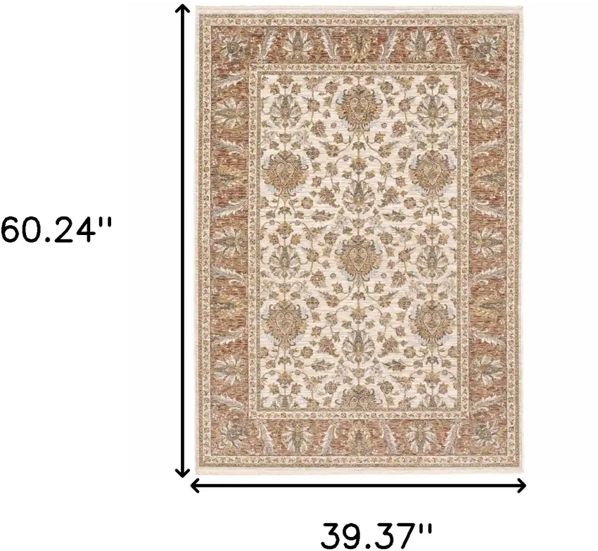 Rust And Ivory Oriental Power Loom Stain Resistant Area Rug With Fringe Photo 2