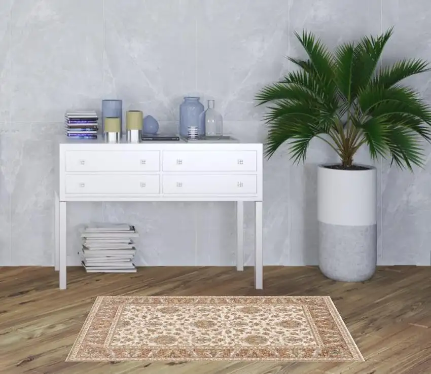 Rust And Ivory Oriental Power Loom Stain Resistant Area Rug With Fringe Photo 2