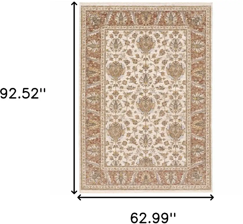 Rust And Ivory Oriental Power Loom Stain Resistant Area Rug With Fringe Photo 3