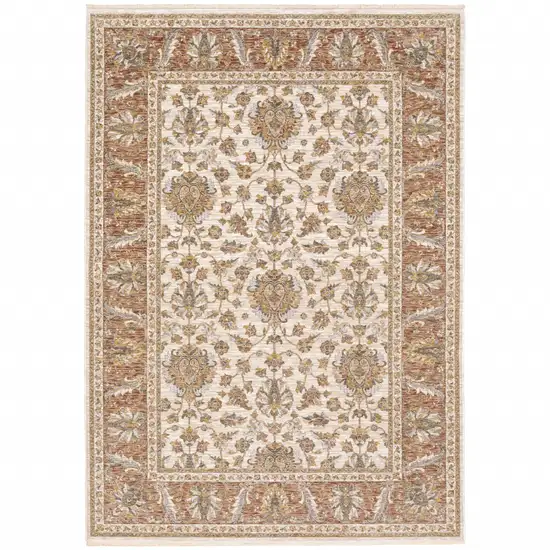 Rust And Ivory Oriental Power Loom Stain Resistant Area Rug With Fringe Photo 2