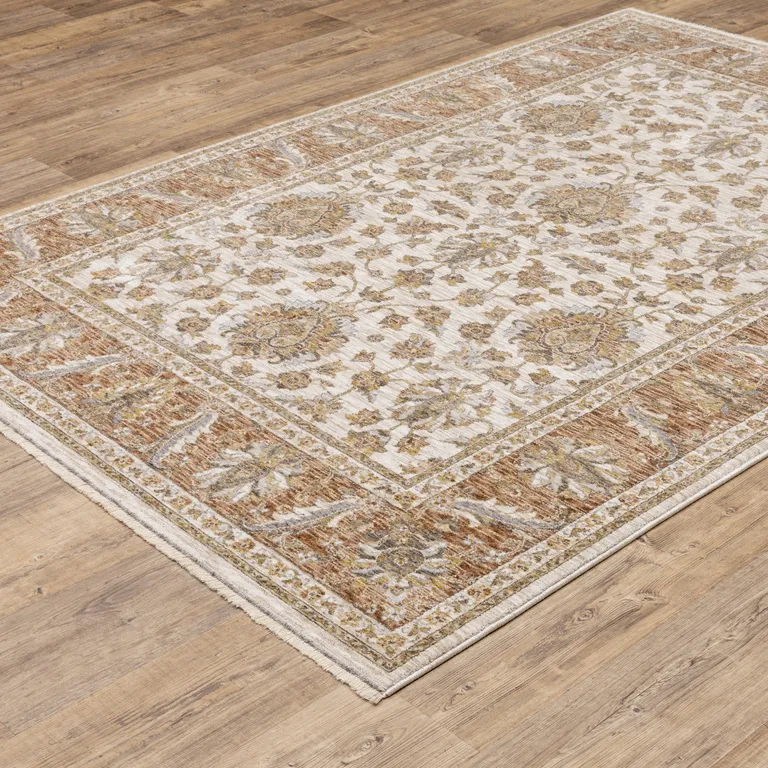 Rust And Ivory Oriental Power Loom Stain Resistant Area Rug With Fringe Photo 5
