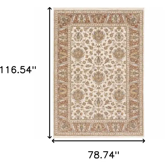 6' X 9' Rust And Ivory Oriental Power Loom Stain Resistant Area Rug With Fringe Photo 3