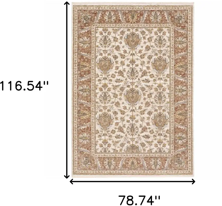 6' X 9' Rust And Ivory Oriental Power Loom Stain Resistant Area Rug With Fringe Photo 3