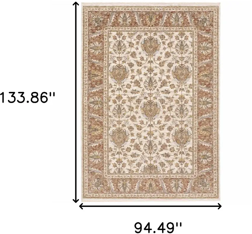 Rust And Ivory Oriental Power Loom Stain Resistant Area Rug With Fringe Photo 3
