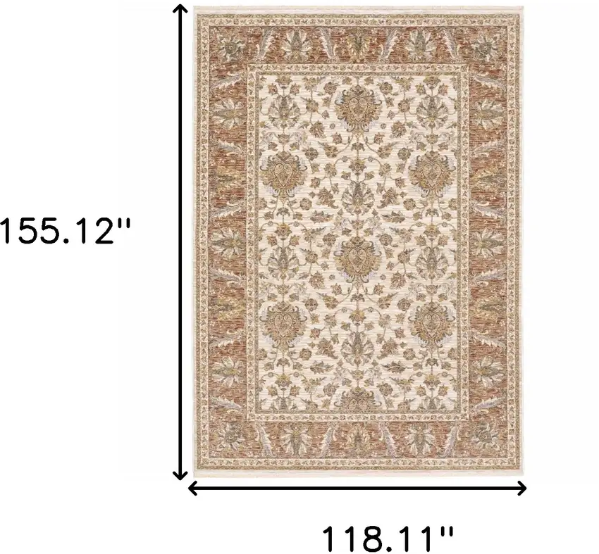 Rust And Ivory Oriental Power Loom Stain Resistant Area Rug With Fringe Photo 3