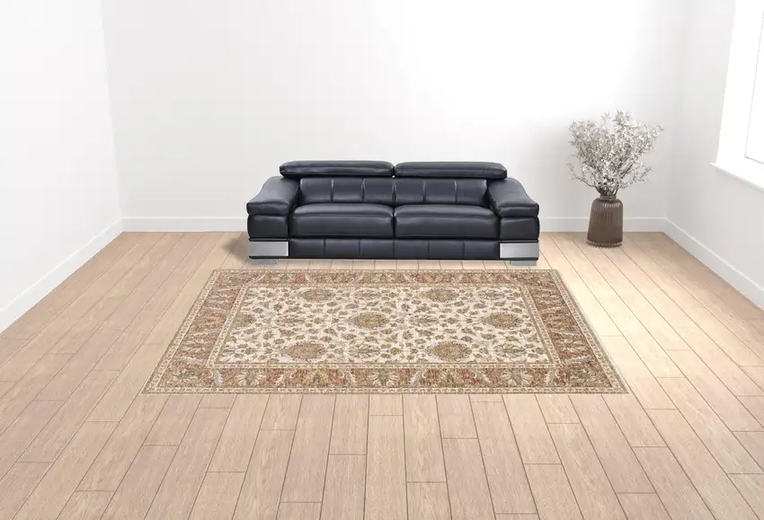 Rust And Ivory Oriental Power Loom Stain Resistant Area Rug With Fringe Photo 2