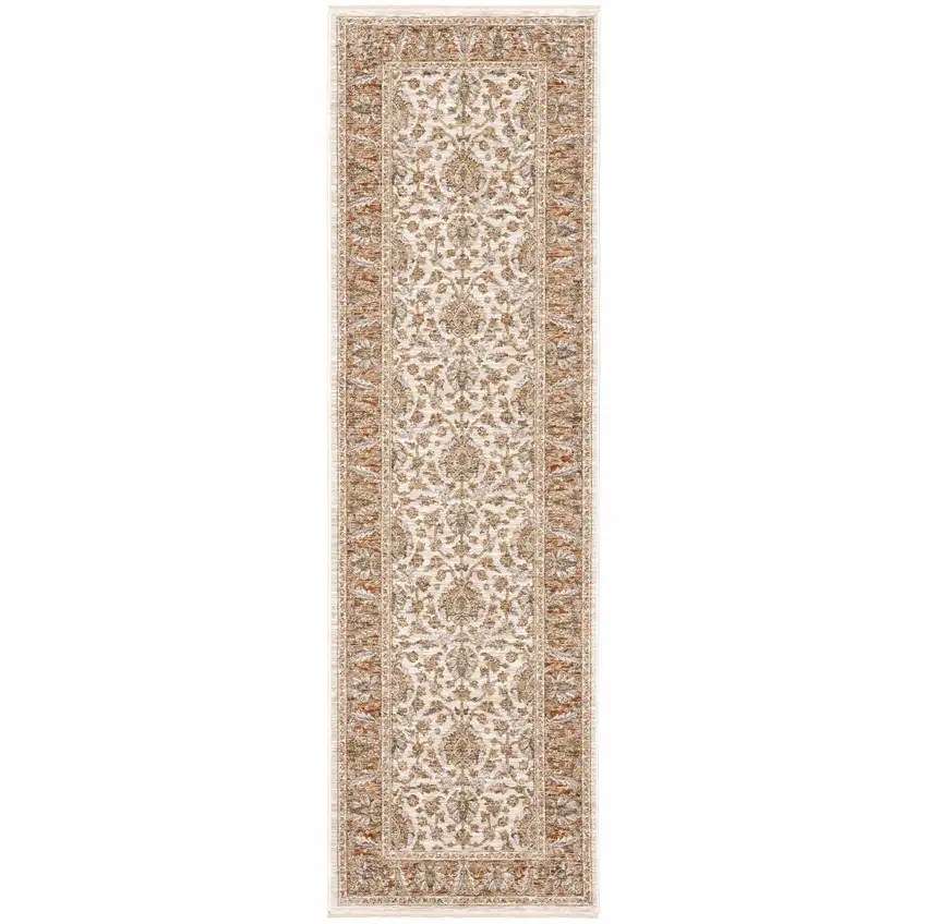 Rust And Ivory Oriental Power Loom Stain Resistant Runner Rug With Fringe Photo 1