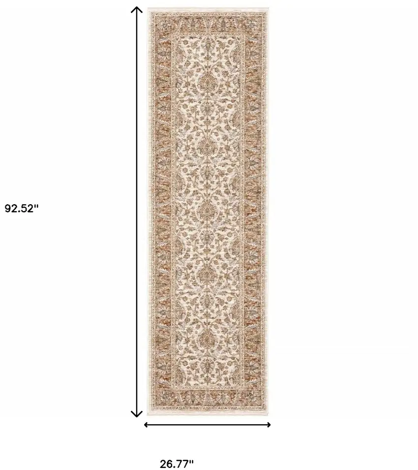 Rust And Ivory Oriental Power Loom Stain Resistant Runner Rug With Fringe Photo 10