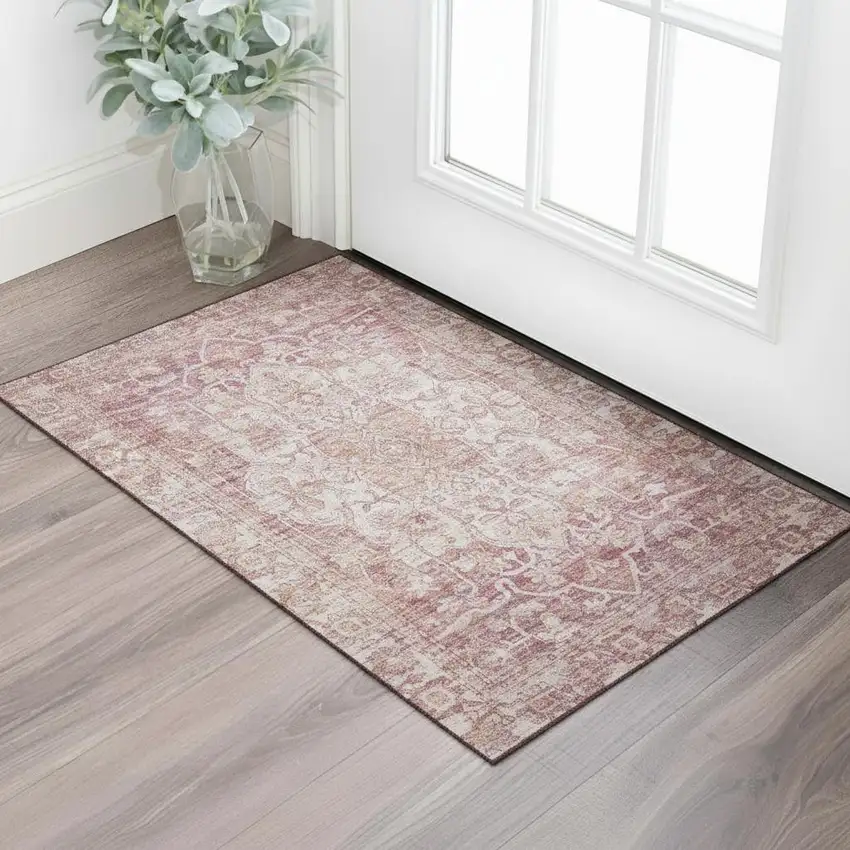 Rust And Ivory Oriental Washable Area Rug With UV Protection Photo 2