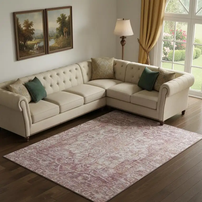 Rust And Ivory Oriental Washable Area Rug With UV Protection Photo 2