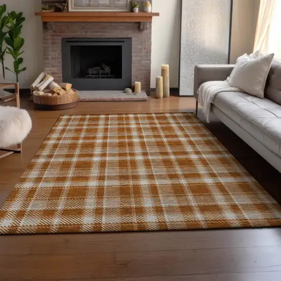 Rust And Ivory Plaid Washable Area Rug With UV Protection Photo 5