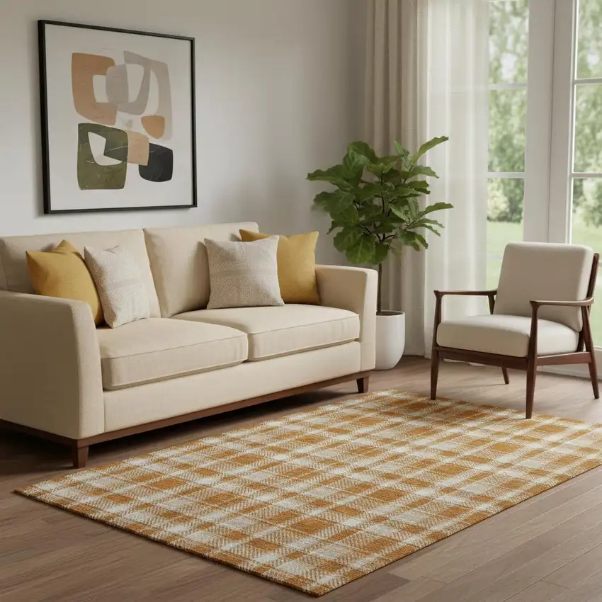 Rust And Ivory Plaid Washable Area Rug With UV Protection Photo 1