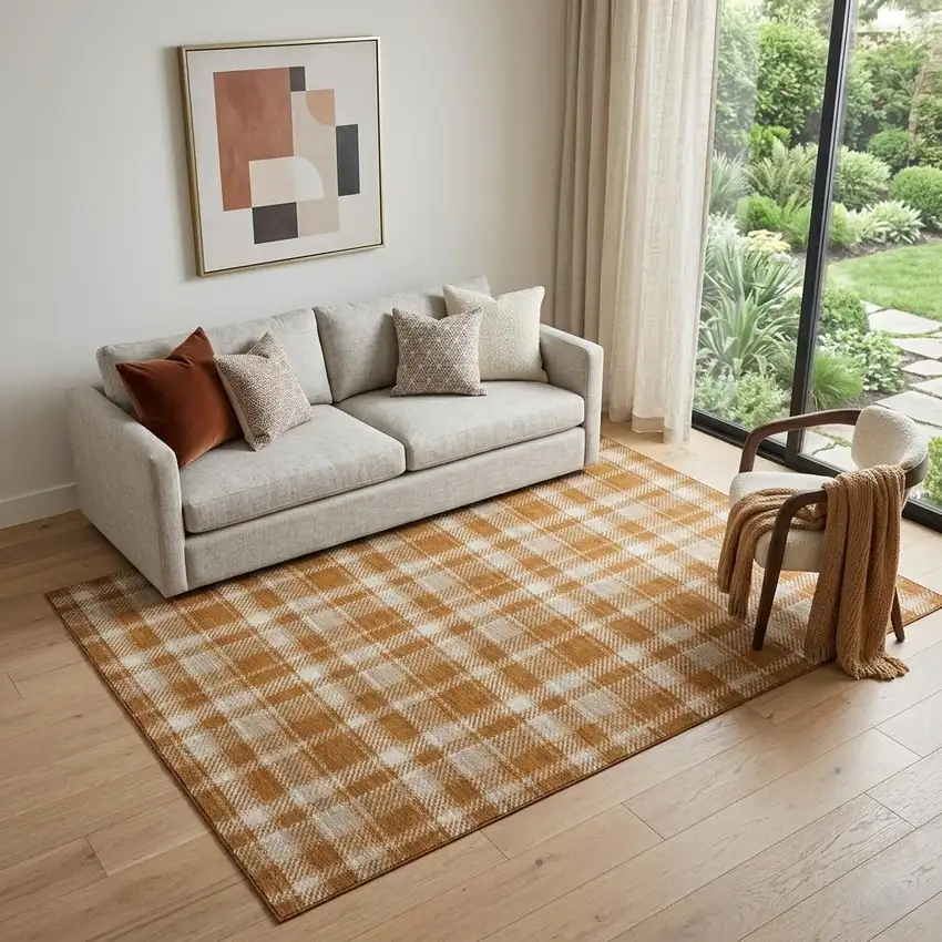 Rust And Ivory Plaid Washable Area Rug With UV Protection Photo 1
