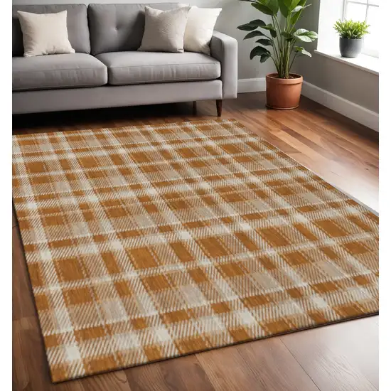 Rust And Ivory Plaid Washable Area Rug With UV Protection Photo 2
