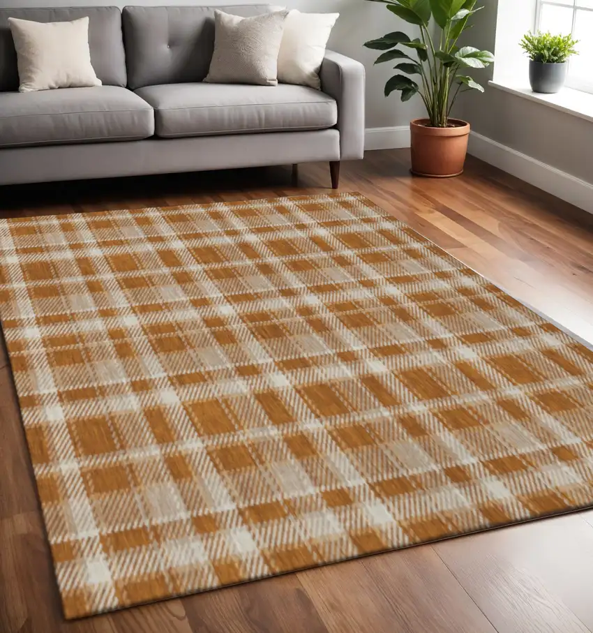 Rust And Ivory Plaid Washable Area Rug With UV Protection Photo 2