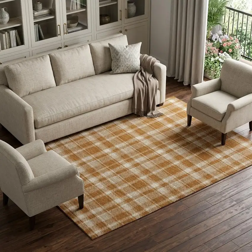 Rust And Ivory Plaid Washable Area Rug With UV Protection Photo 1