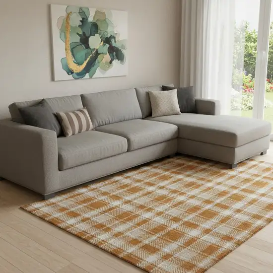 Rust And Ivory Plaid Washable Area Rug With UV Protection Photo 1