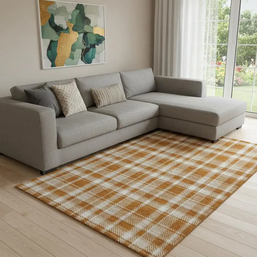 Rust And Ivory Plaid Washable Area Rug With UV Protection Photo 1